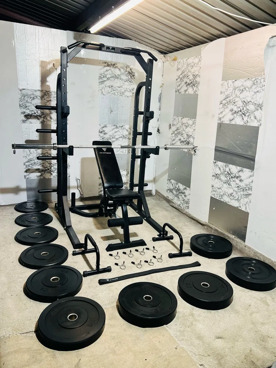 170KG OLYMPIC BARBELL SET HALF RACK BENCH + - Image 1