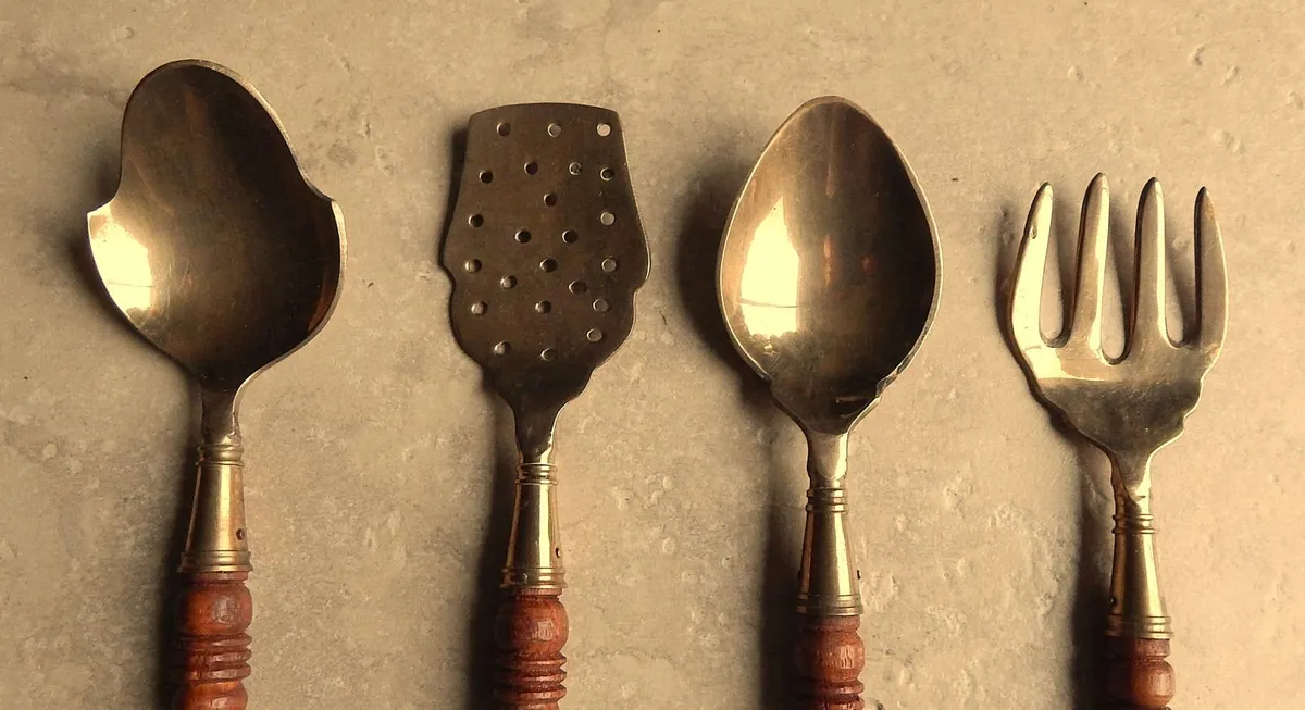 Set of Brass and Wood Hanging Kitchen Utensils - Image 2
