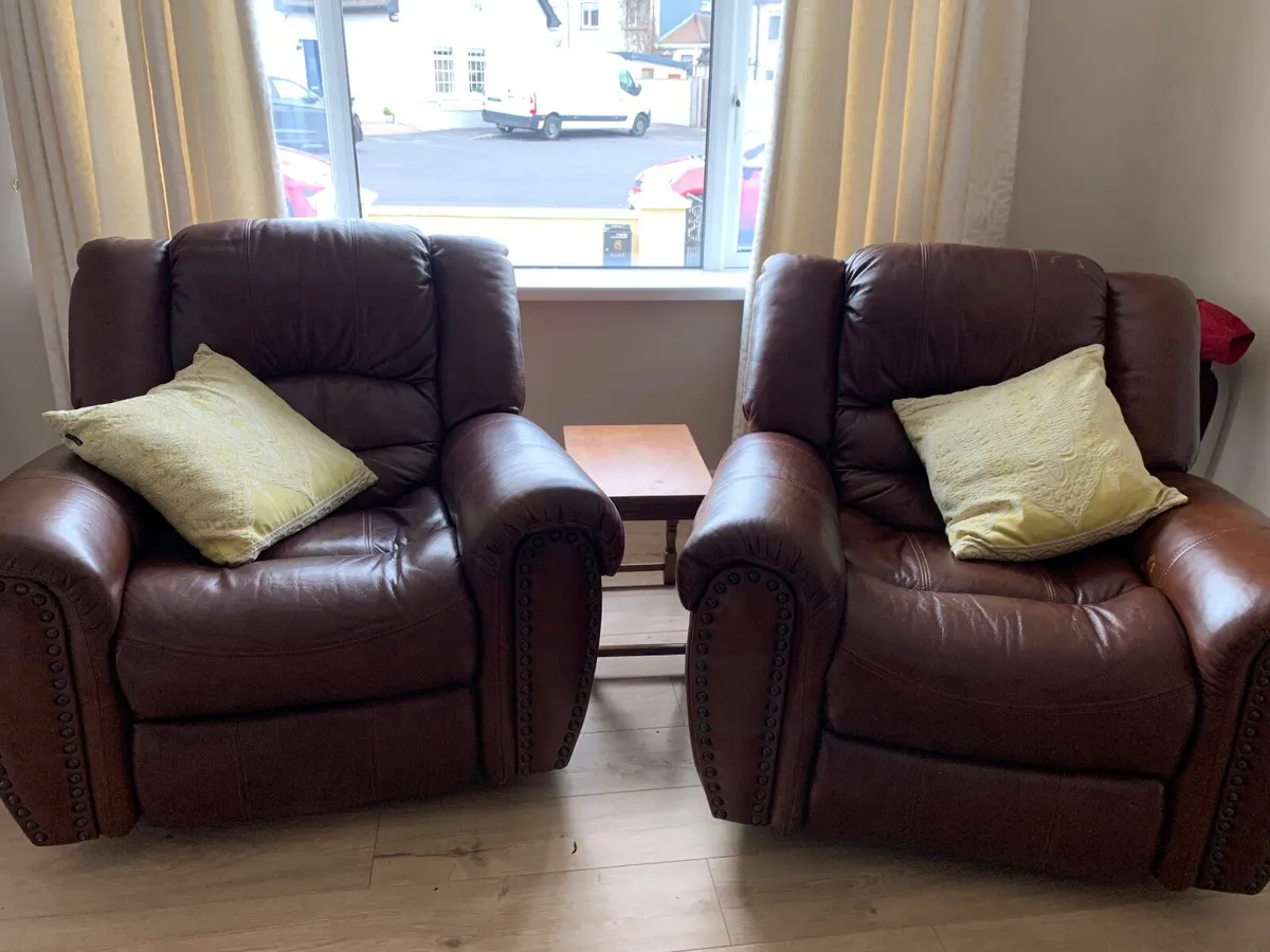 Two lovely brown leather reclining chairs for sale - Image 1