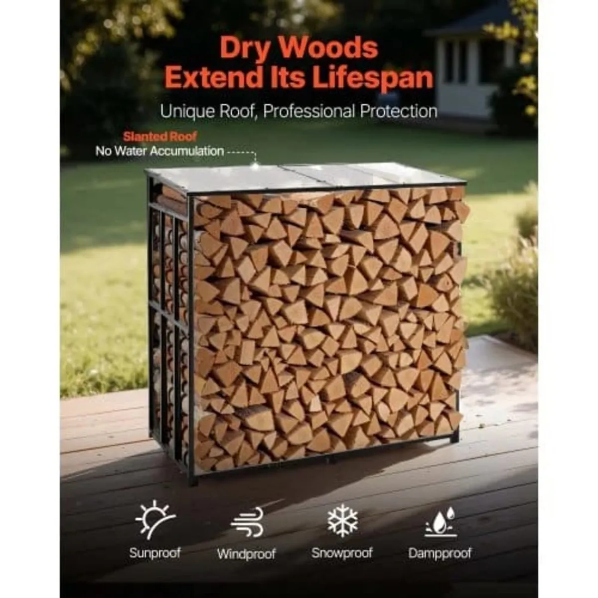 Firewood Rack with Sloped Roof, 143cm Outdoor Fire - Image 2