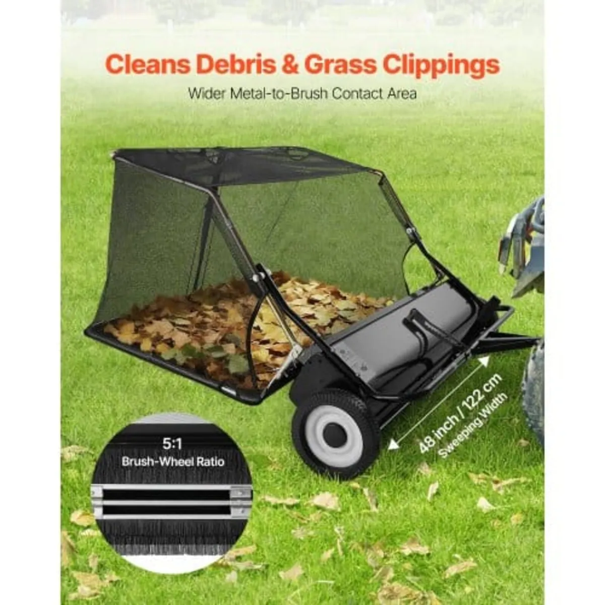 Tow Behind Lawn Sweeper, 122cm Pull Behind Yard Sw - Image 4