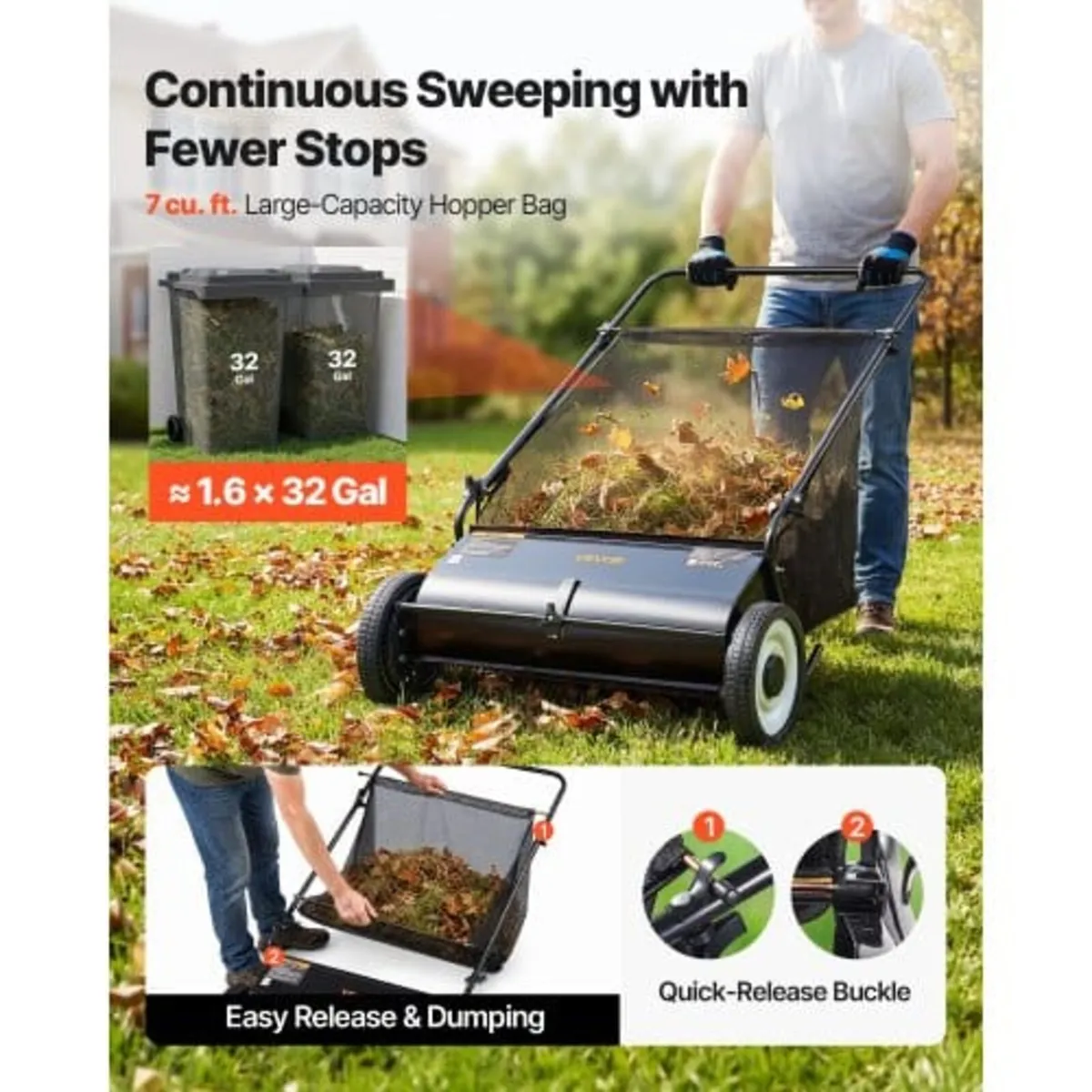 Push Lawn Sweeper, 26-inch Leaf & Grass Collector, - Image 3
