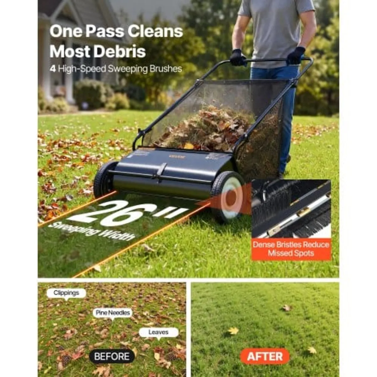 Push Lawn Sweeper, 26-inch Leaf & Grass Collector, - Image 4