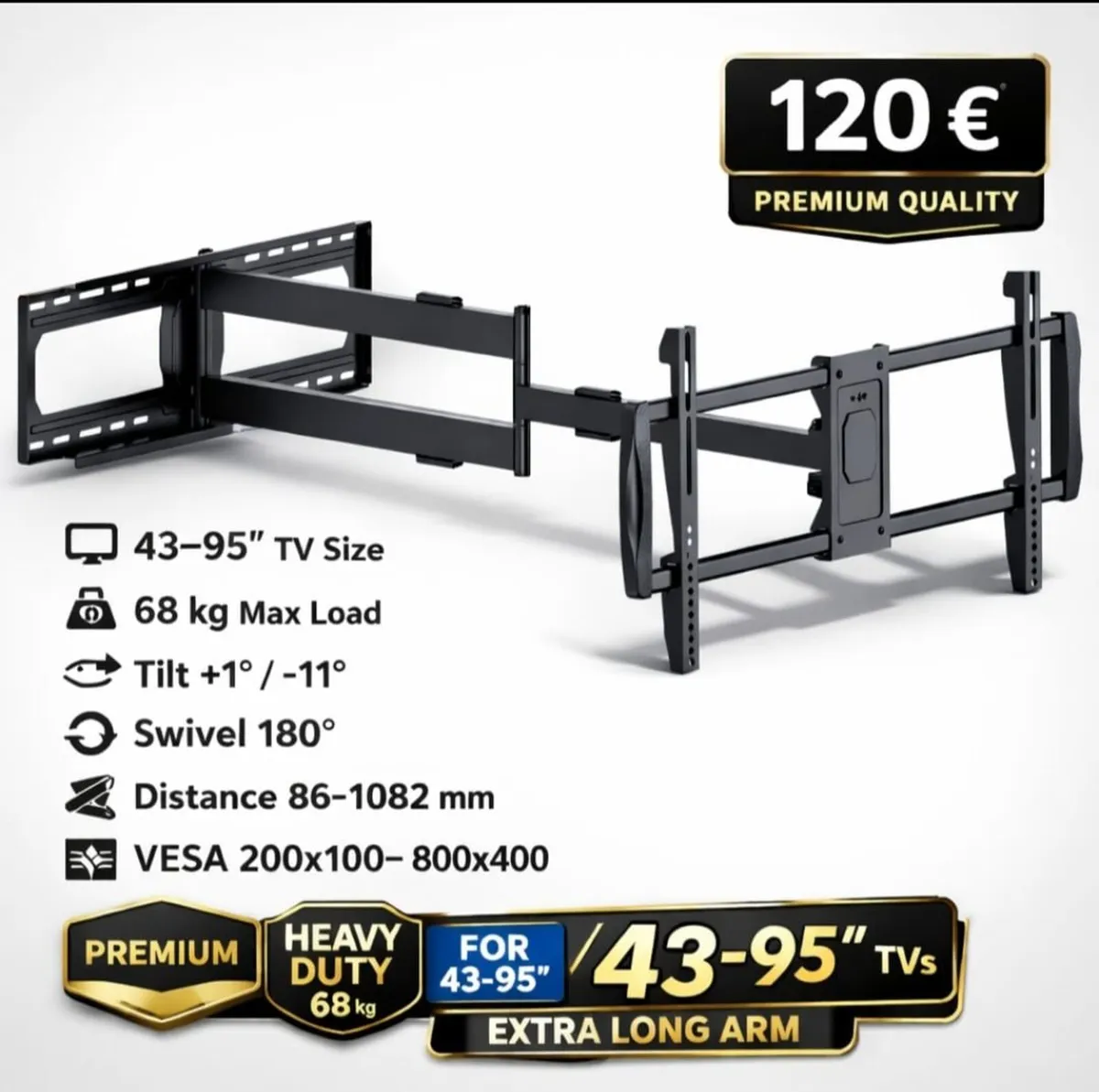 Tv Wall Mount Bracket Tilt Swivel Long Arm 43-95" - Image 1