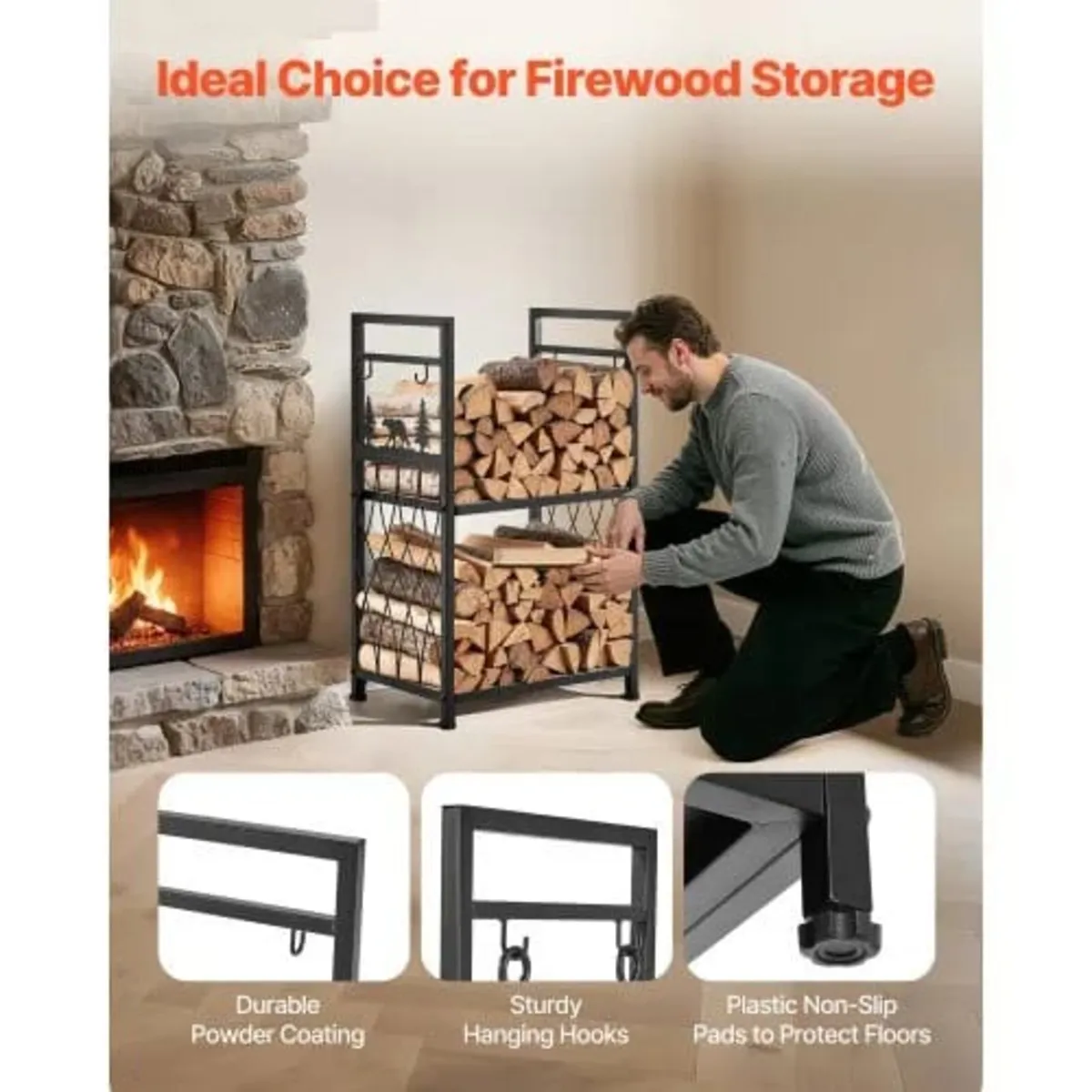 Indoor Firewood Rack, 45.5cm 2-Tier Firewood Holde - Image 3