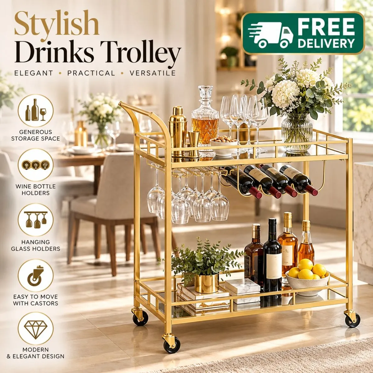 Gold Serving Trolley Drinks Bar Cart with Mirrored - Image 1