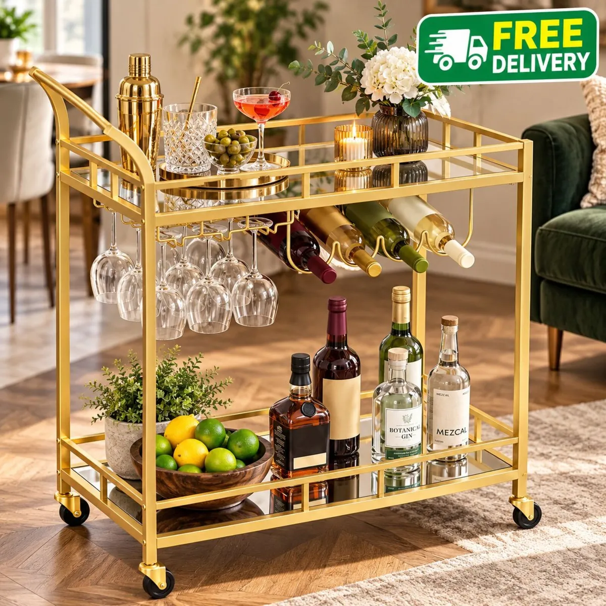 Gold Serving Trolley Drinks Bar Cart with Mirrored - Image 3