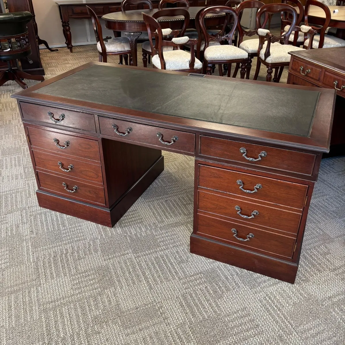 Mahogany green leather top pedestal writing desk - Image 1