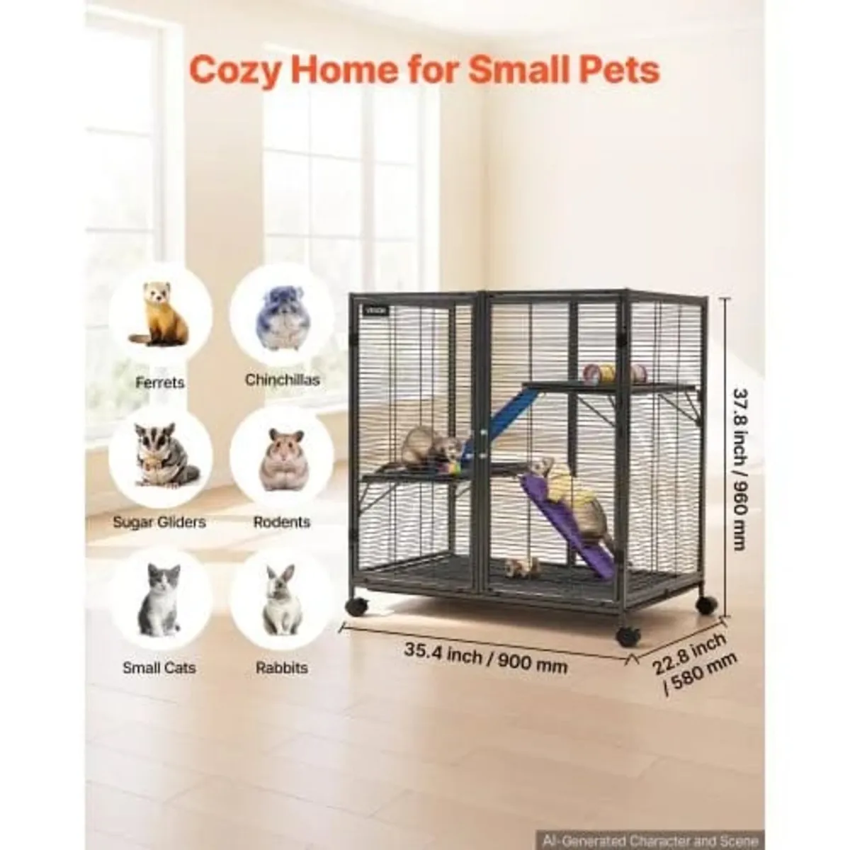 Metal Small Animal Cage 96 cm 3-Tier Rolling Ferre - Image 4