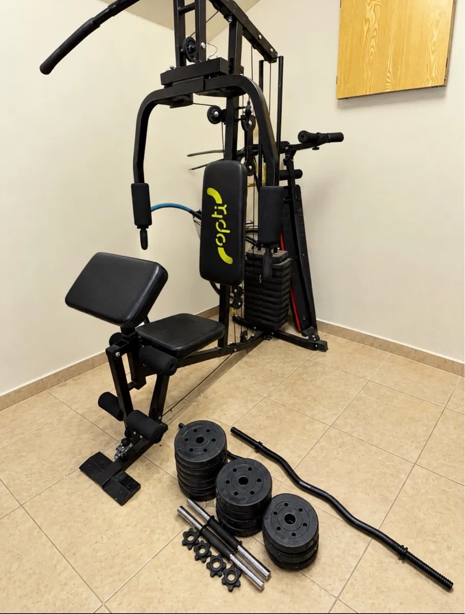 Gym machine and an assortment of weight plates - Image 1