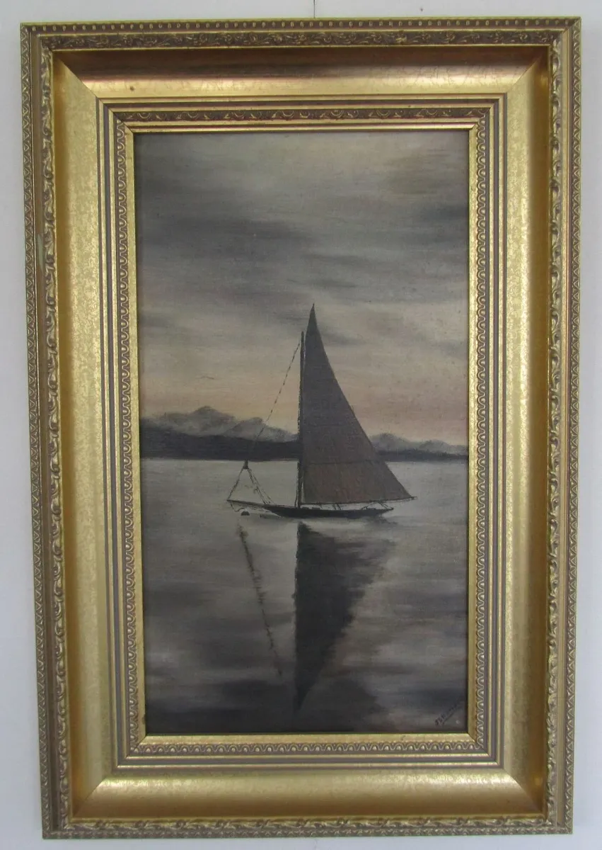 Vintage Sailboat Painting in Gold Frame - Image 1