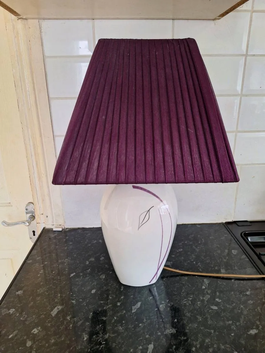 Lovely ceramic table lamp with purple shade - Image 1