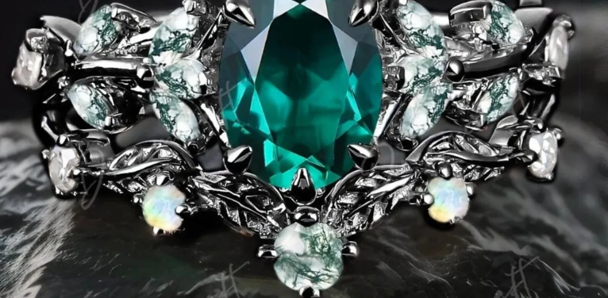 🟢Bridal set engagement ring - Black Gold, Green - Image 1