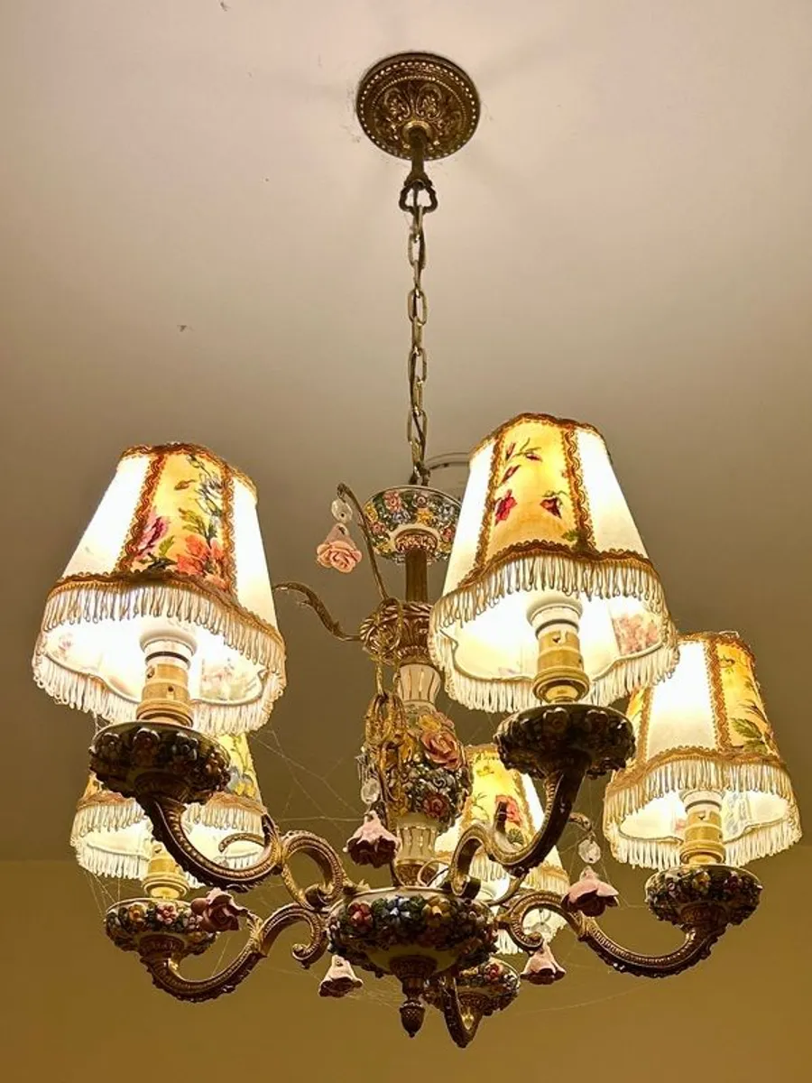 70s Gorgeous Ronantic Brass and Porcelain Chandelier - Image 2