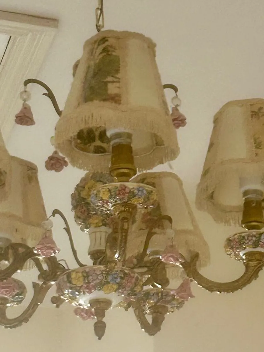 70s Gorgeous Ronantic Brass and Porcelain Chandelier - Image 3
