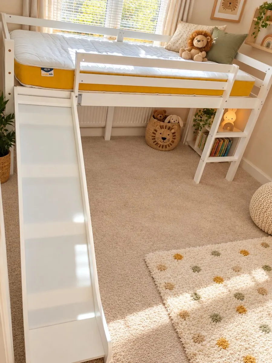 Children's Wooden Bed with Slide and Mattress