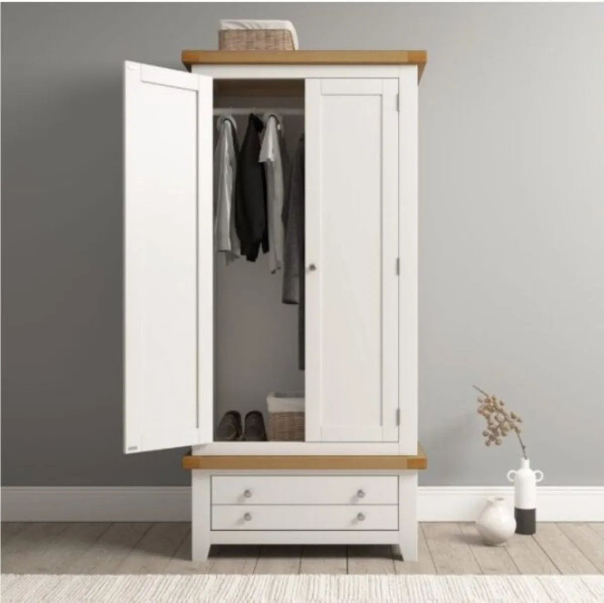 Windsor 2 Door 1 Drawer Wardrobe Ivory & Oak - Image 1