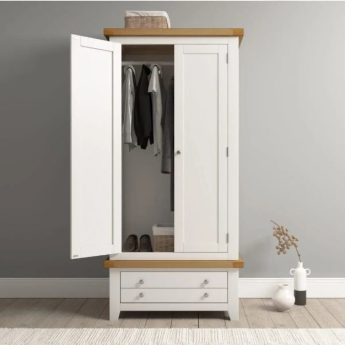 Windsor 2 Door 1 Drawer Wardrobe Ivory & Oak - Image 2