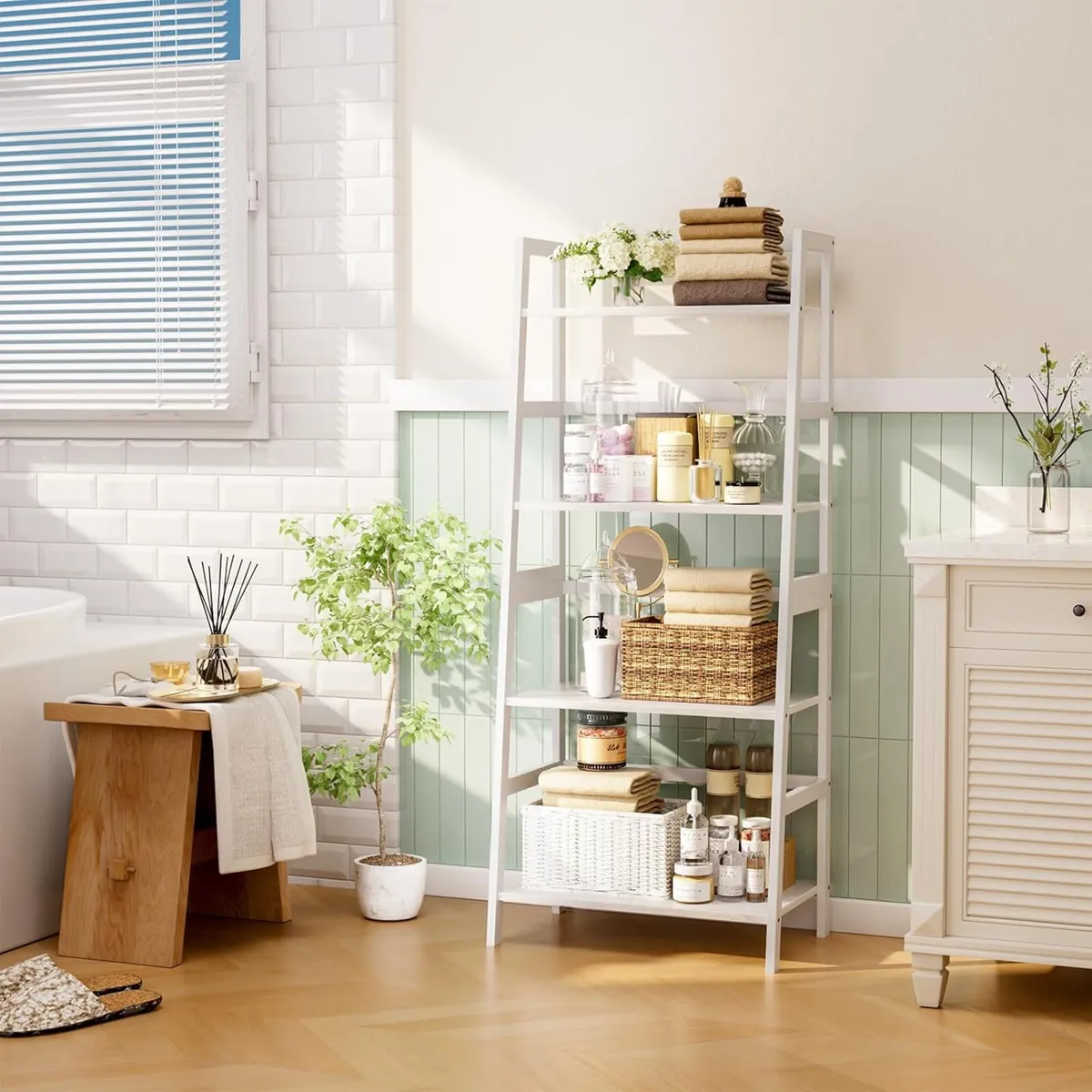 Ladder Shelf 4 Tier Bookshelf Bookcase with Bamboo - Image 2