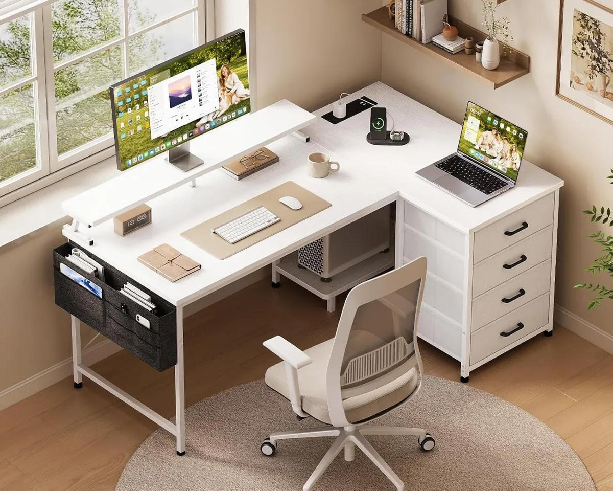L Shaped Computer Desk with Drawers Monitor Stand - Image 2