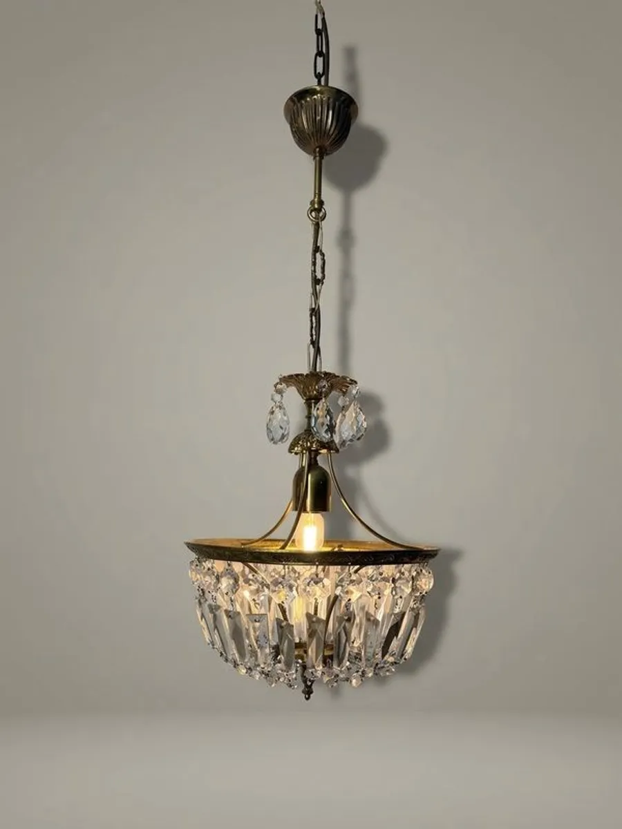 Vintage French Brass & Crystal Lantern Chandelier - Image 1