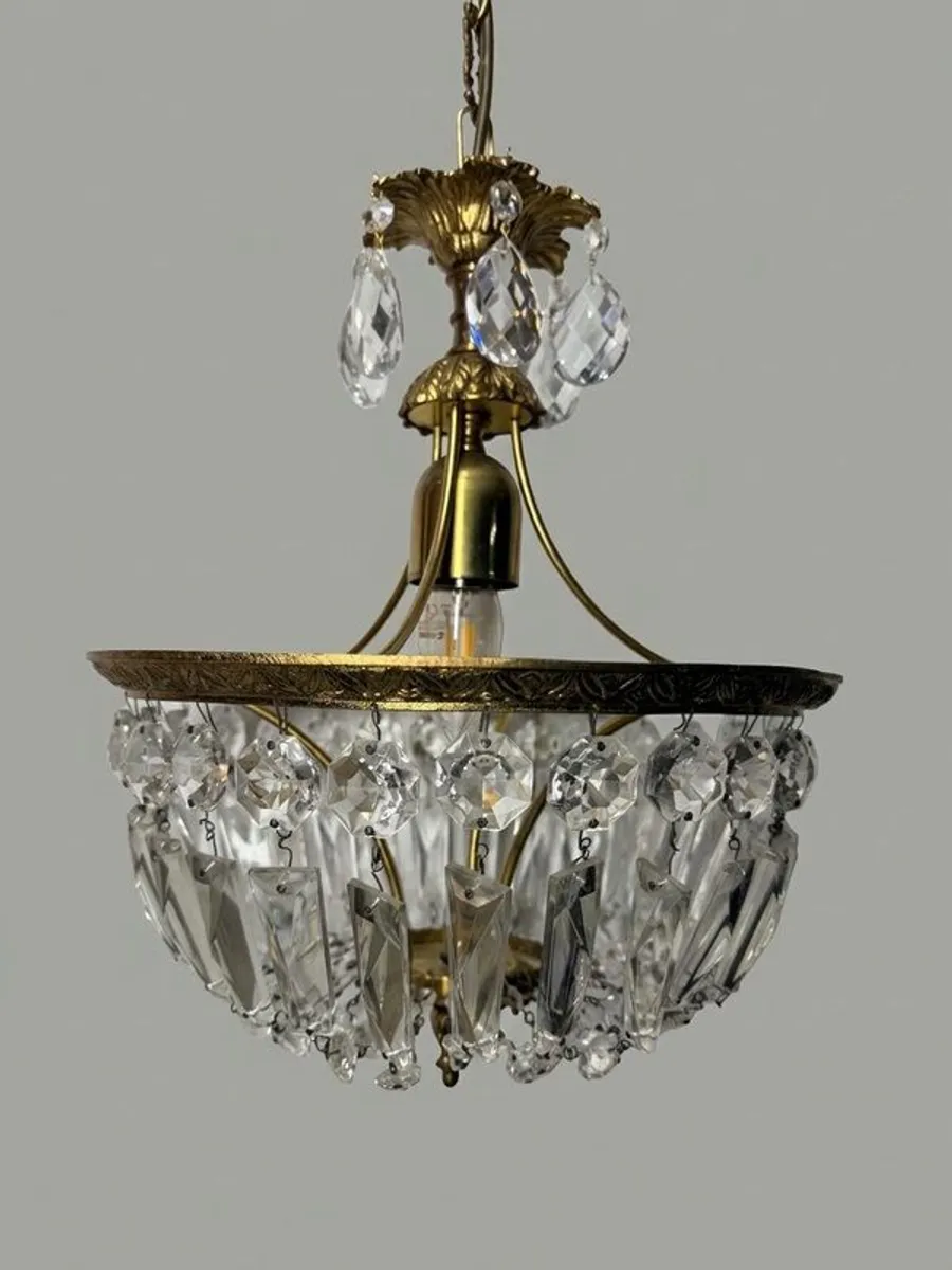 Vintage French Brass & Crystal Lantern Chandelier - Image 2