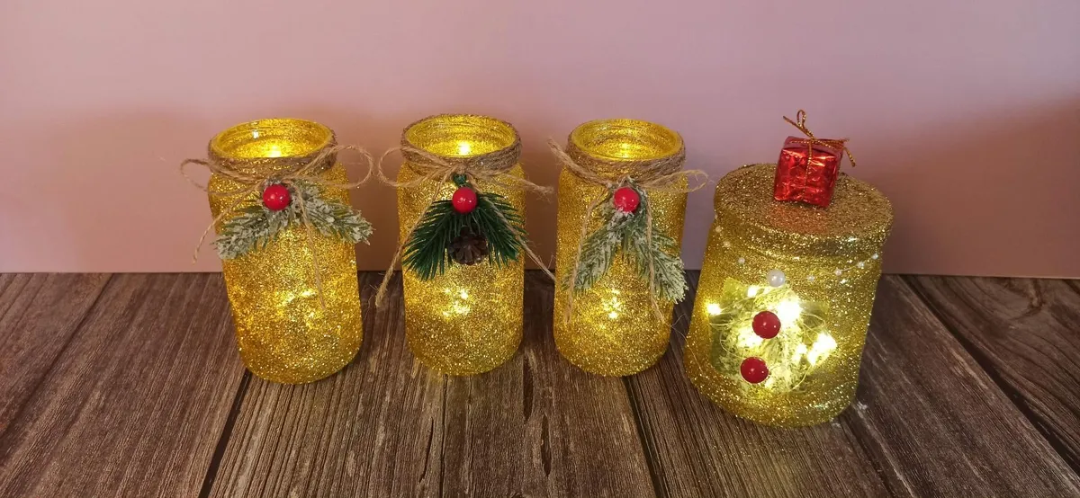 **Handmade Recycled Christmas Jar Decoration Set – - Image 1