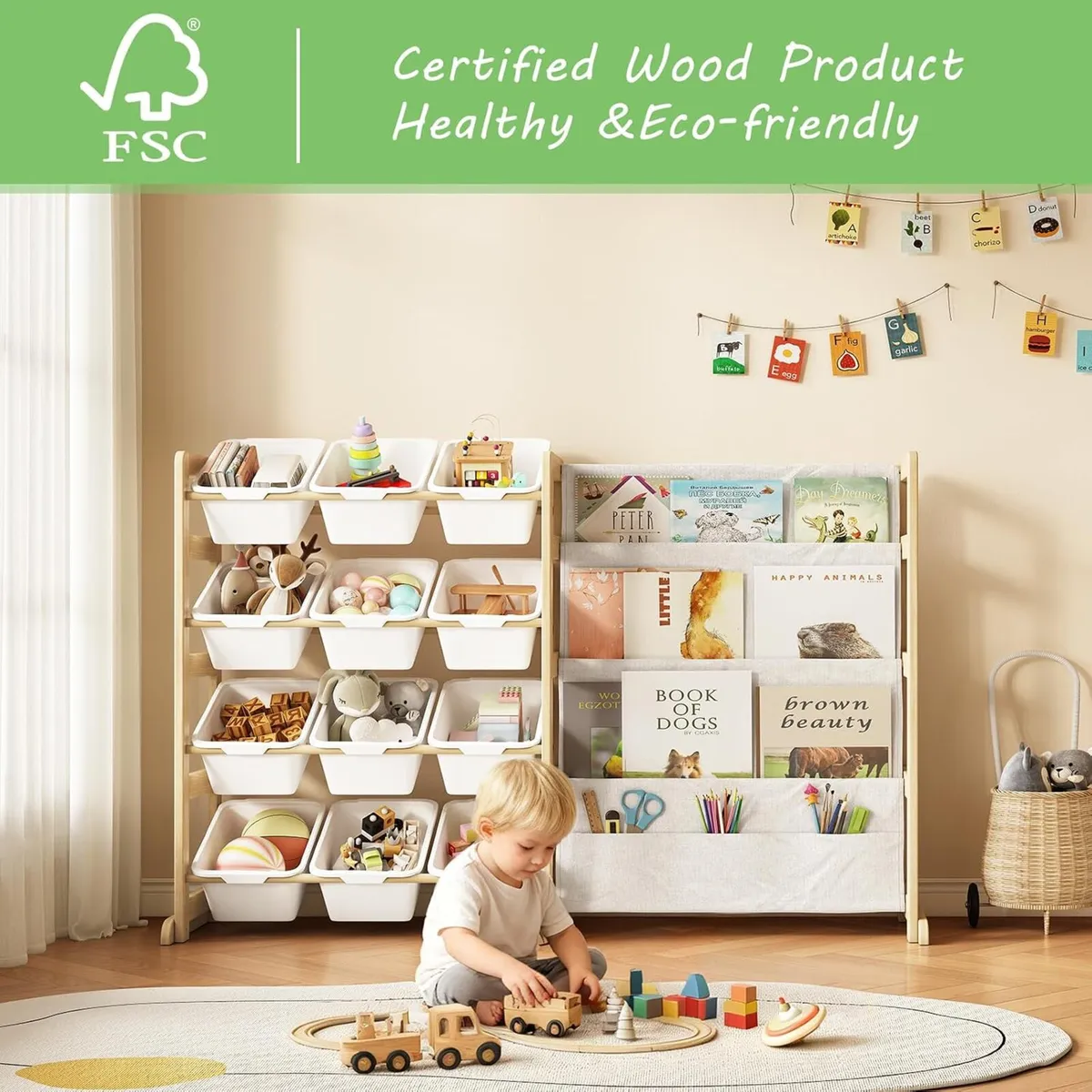 Toy Storage Organiser with Bookshelf 12 Bins - Image 2
