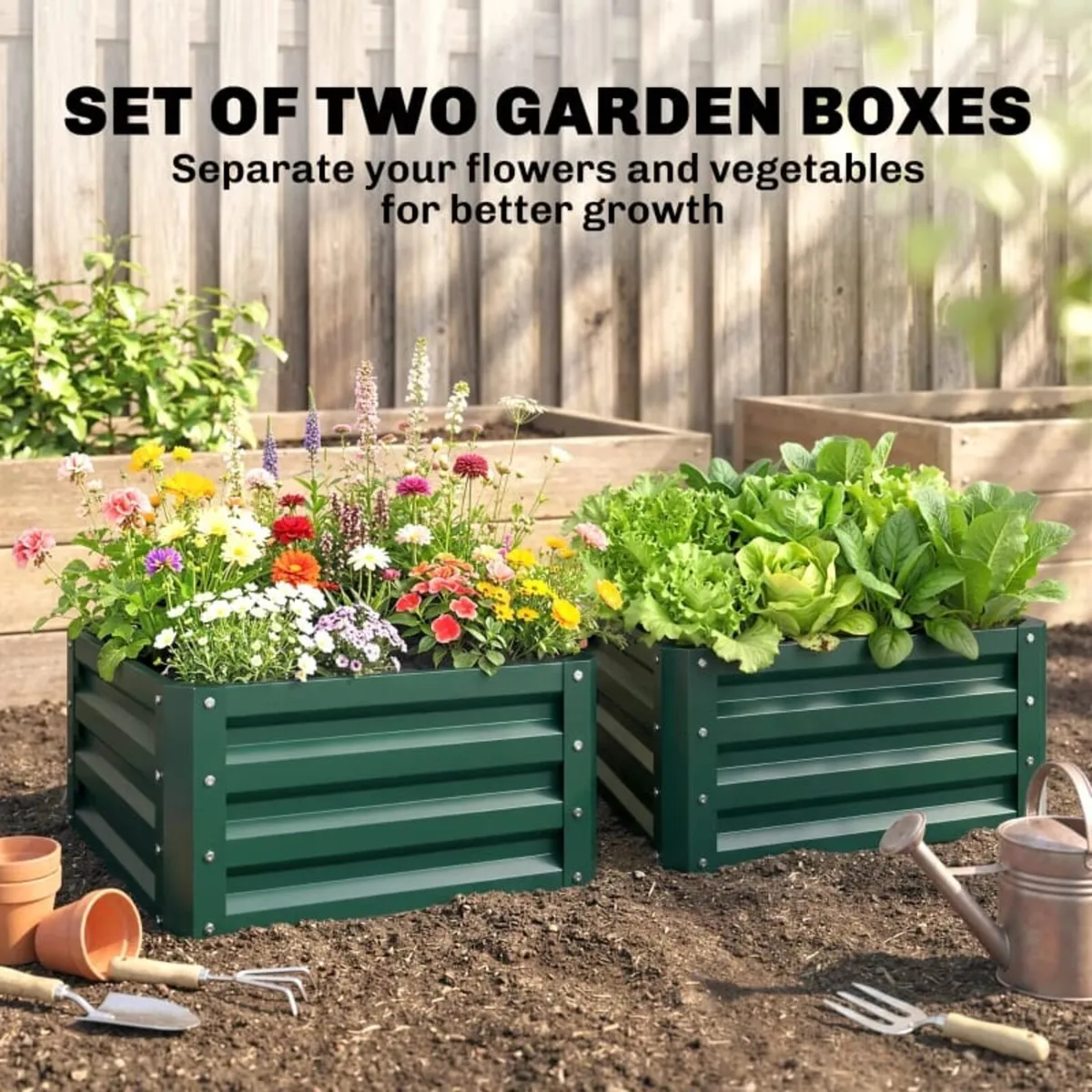 Set of Two 60 x 60cm Steel Planter Boxes - Green - Image 2