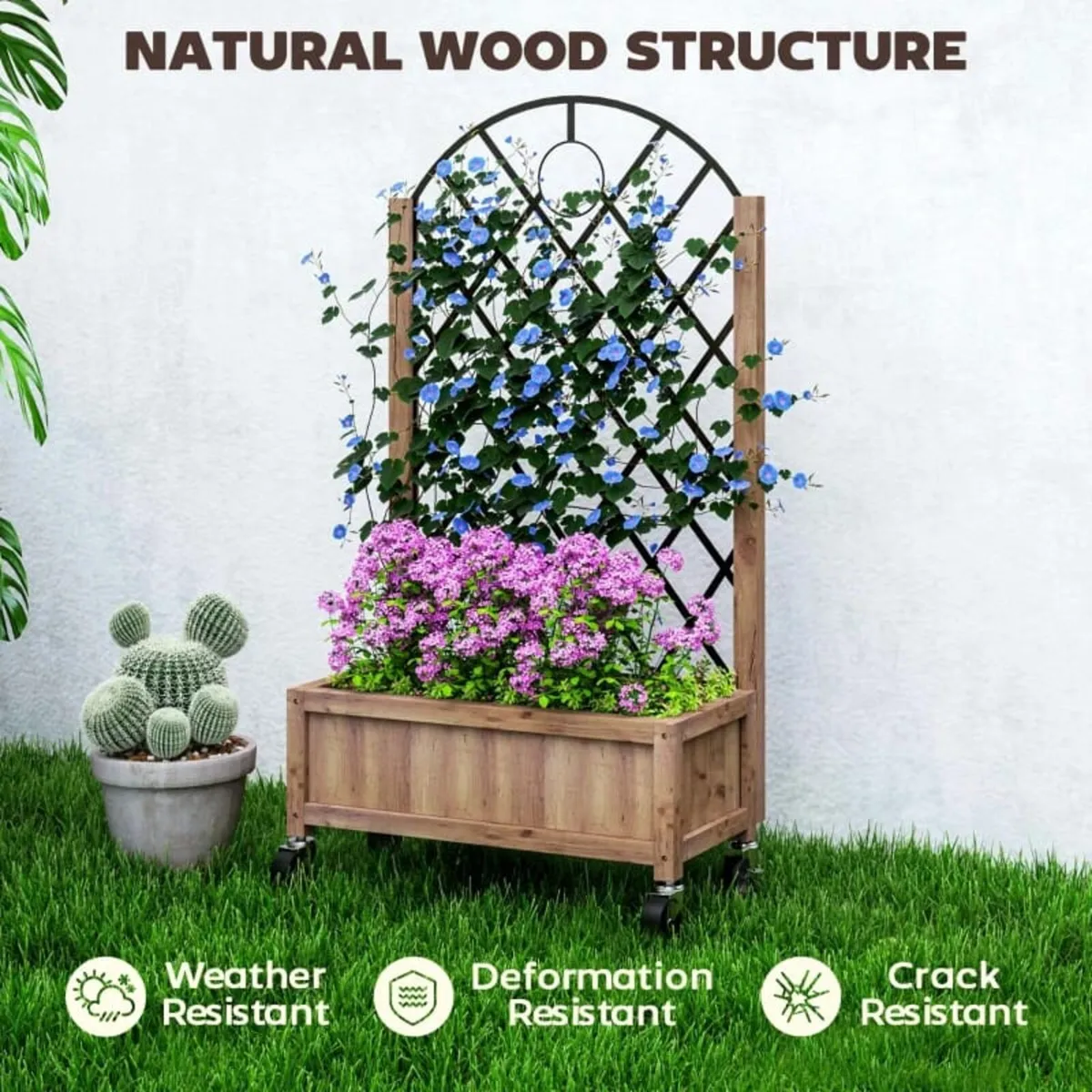 Wooden Planter, with Metal Trellis - Brown/Black - Image 4