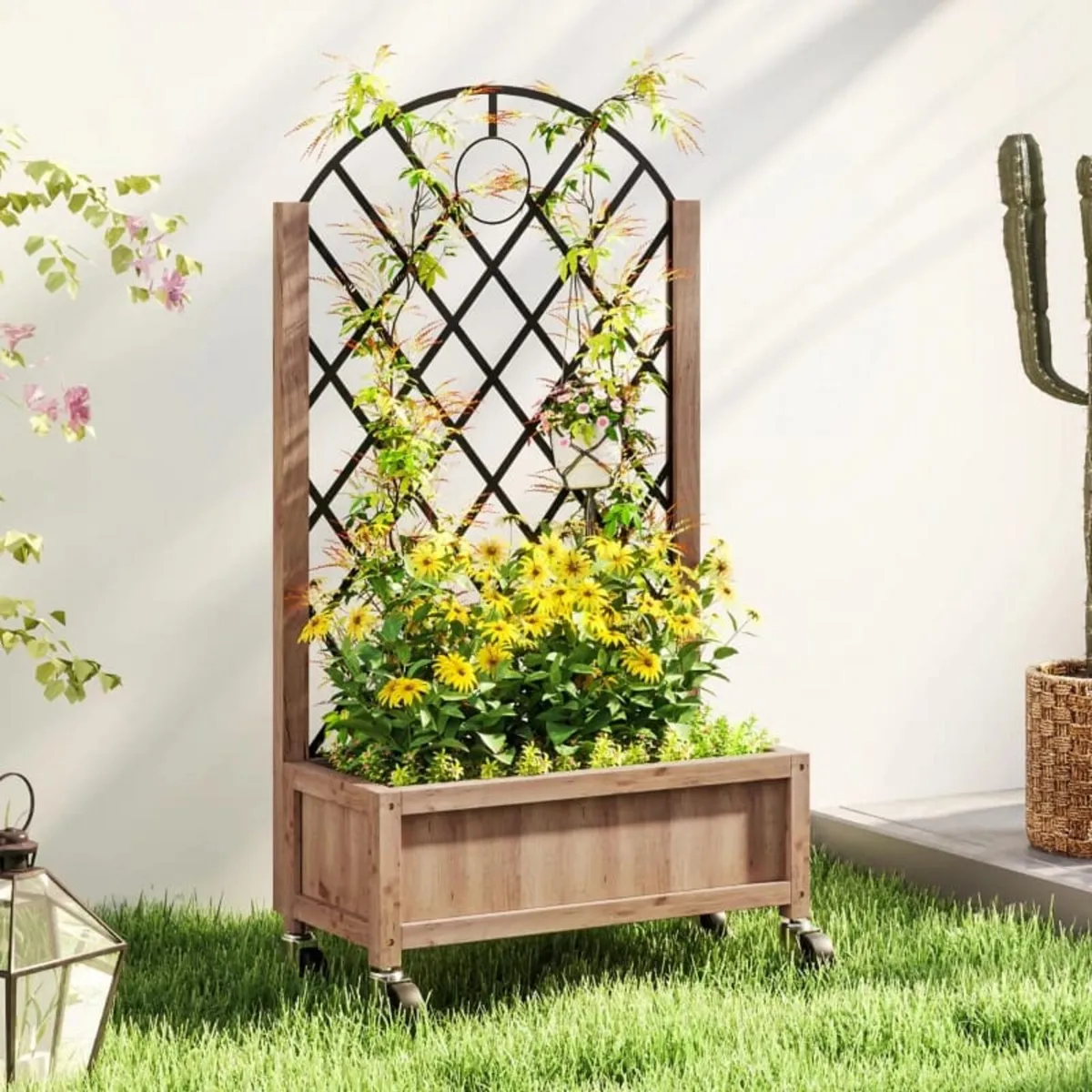 Wooden Planter, with Metal Trellis - Brown/Black - Image 2