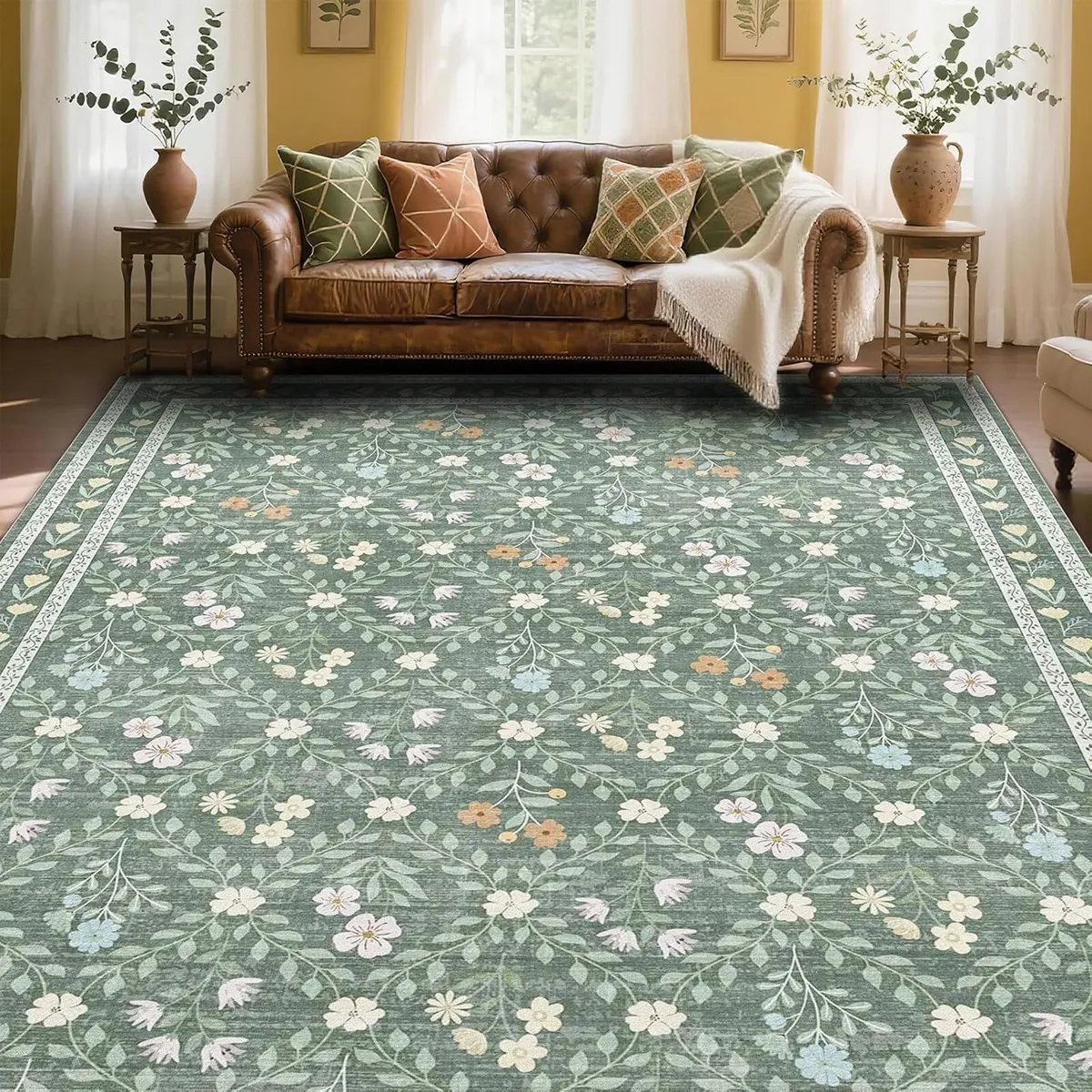 Floral Large Washable Rugs Living Room Lattice - Image 1