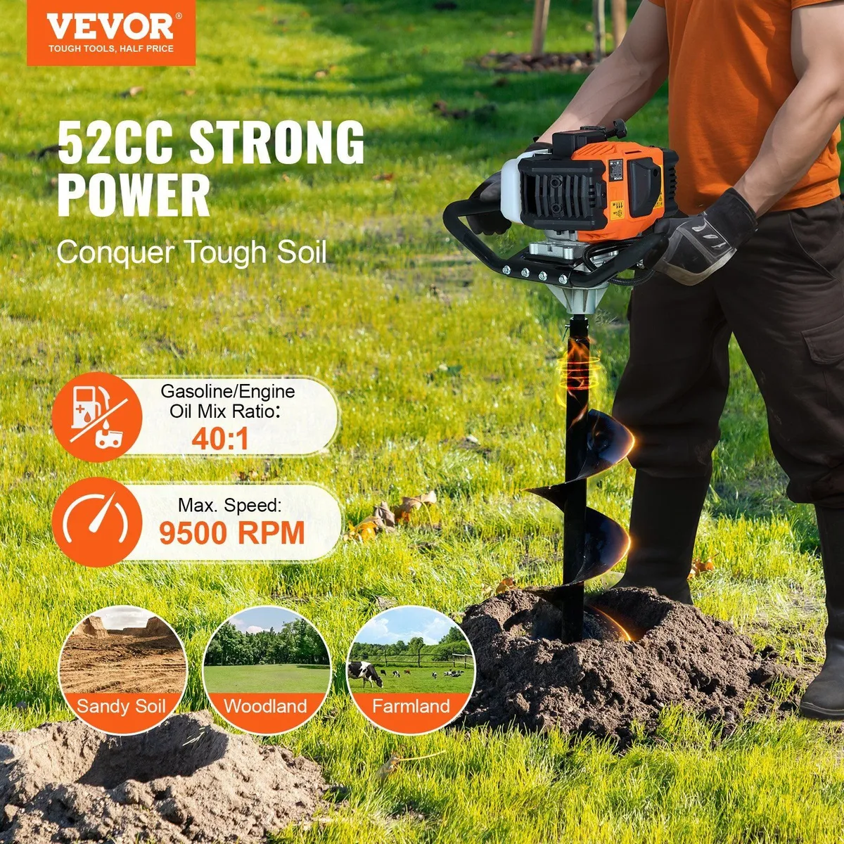 52cc Petrol Post Hole Digger 8in Auger - Image 2