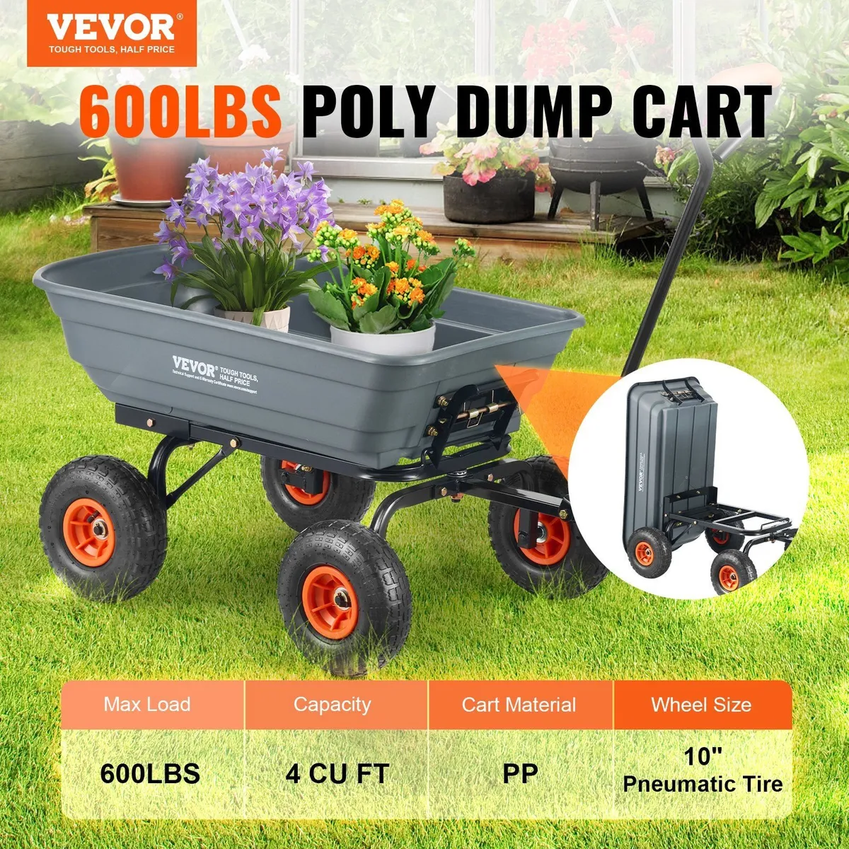Garden Dump Cart 600 lb with 10in Tyres - Image 2