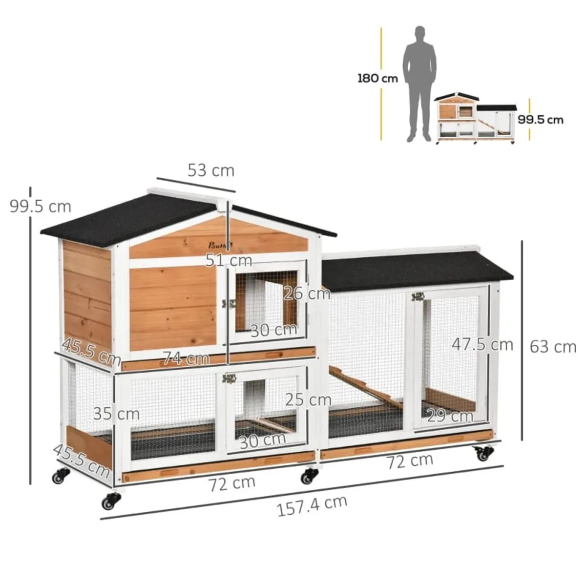 Rabbit Hutch Outdoor with Run Guinea Pig Hutch, 2- - Image 2