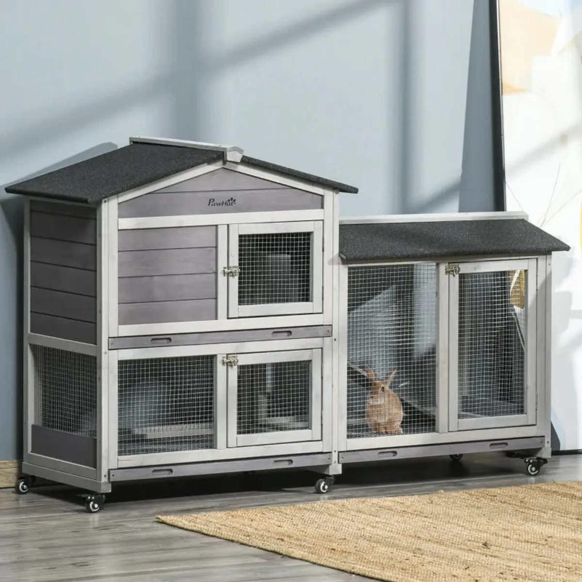 Wooden Rabbit Hutch, Guinea Pig Cage, with Wheels, - Image 2
