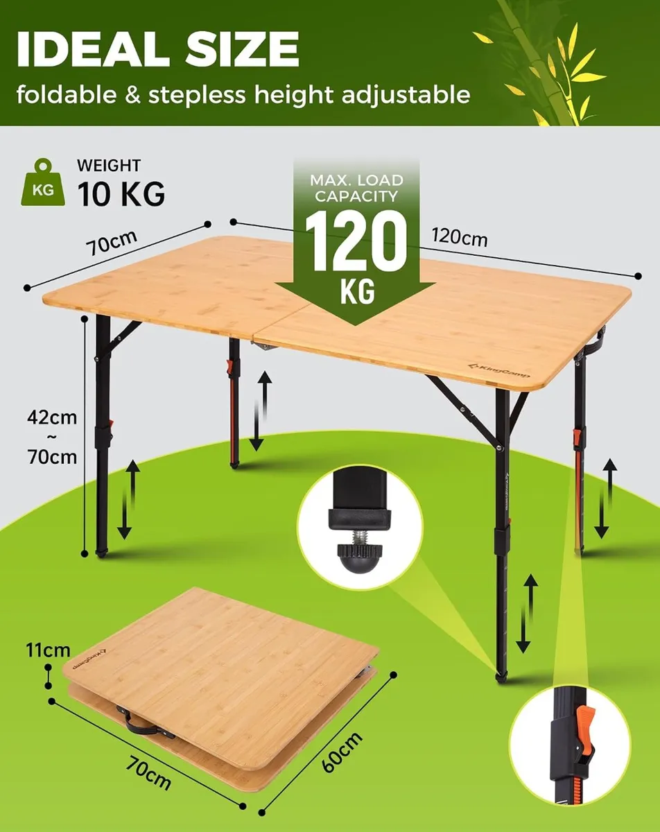 Folding Camping Table Bamboo Adjustable Ht. - Image 2