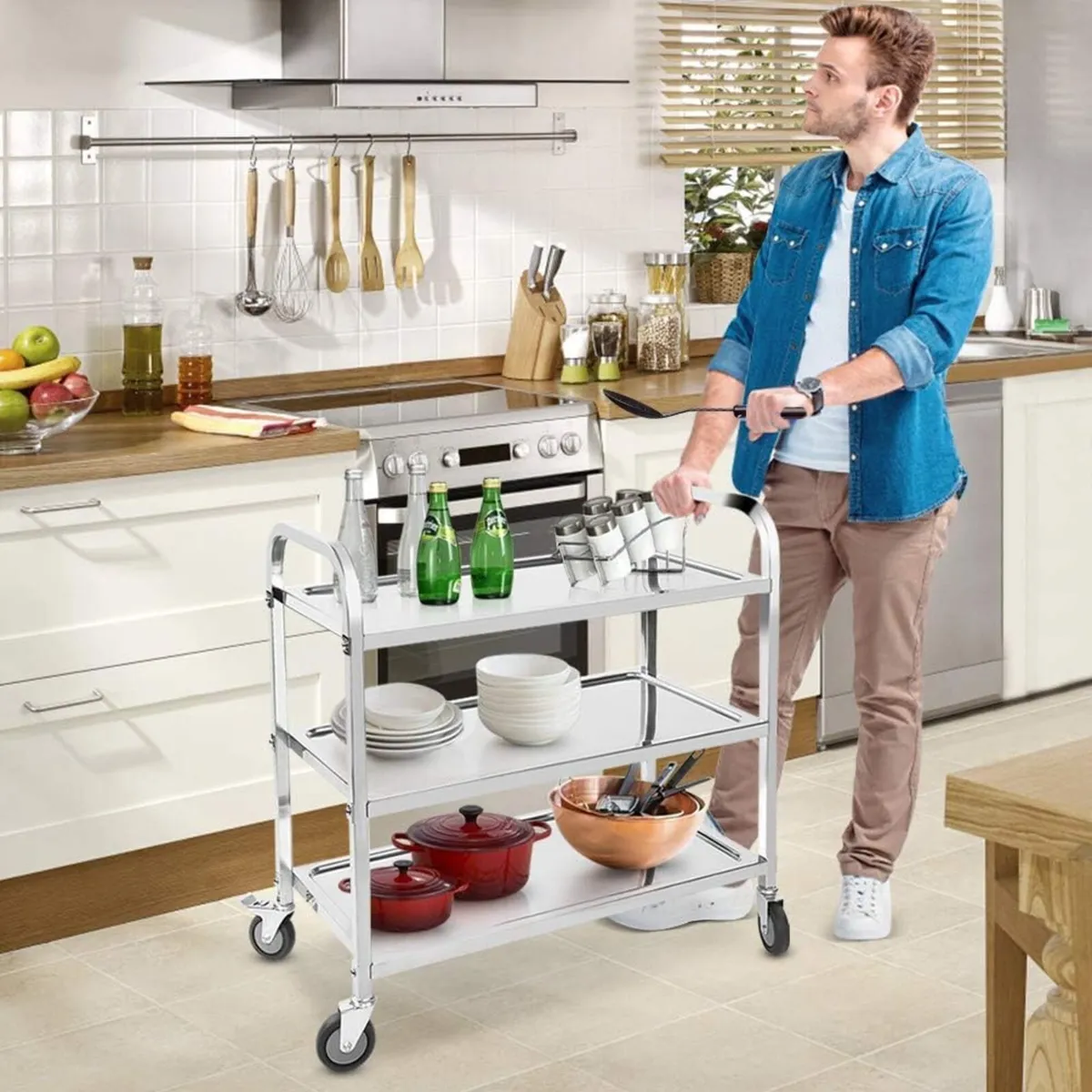 3 Tier Stainless Steel Catering Trolley Wheels - Image 2