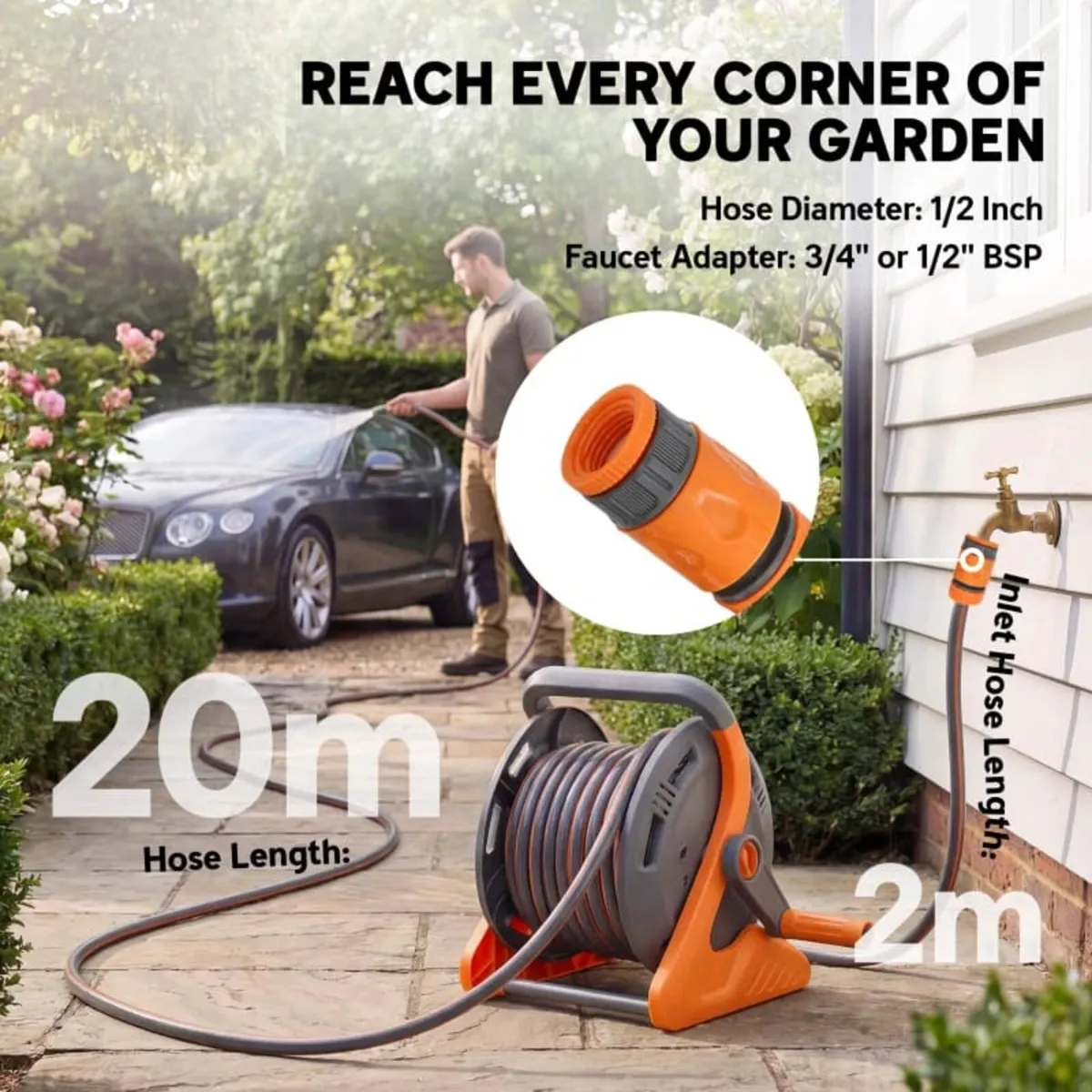 Portable Garden Hose Reel, 20+2 m Wall Mounted Hos - Image 3