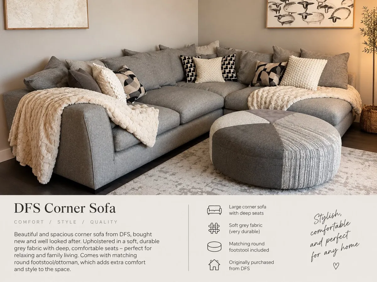 DFS Grey Corner Sofa with Matching Footstool 🤍 - Image 1
