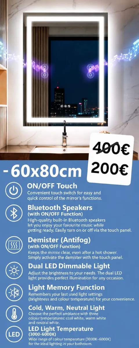LED Bathroom Mirror 60x80cm Bluetooth Antifog