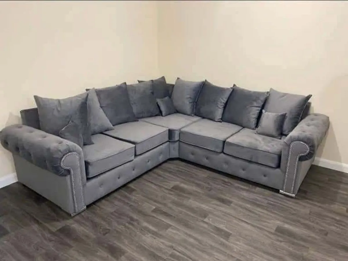 Olympia Grey & Cream Chesterfield Fabric Sofa Set - Image 1