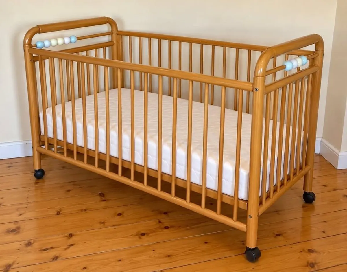 Large Baby Cot & Mattress –  Natural Wood Finish - Image 1