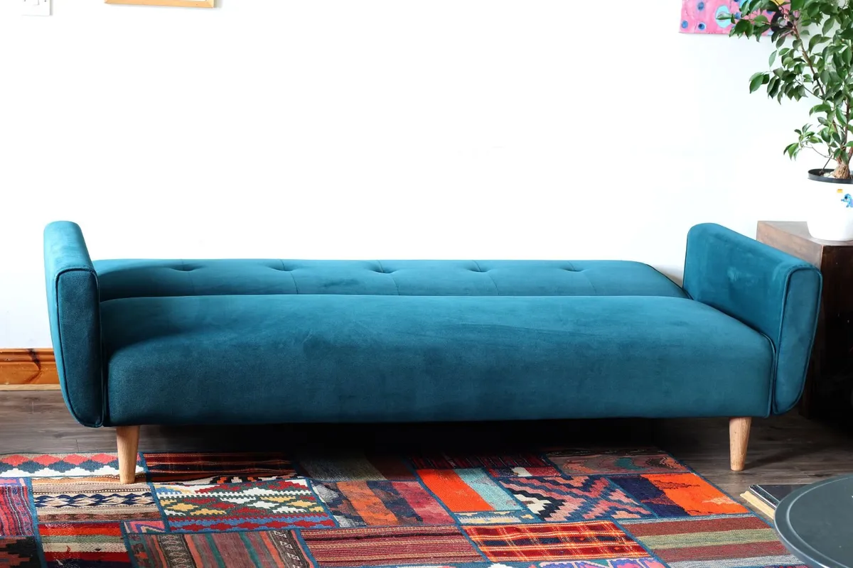 Teal velvet 3 seater sofa/bed - Image 2