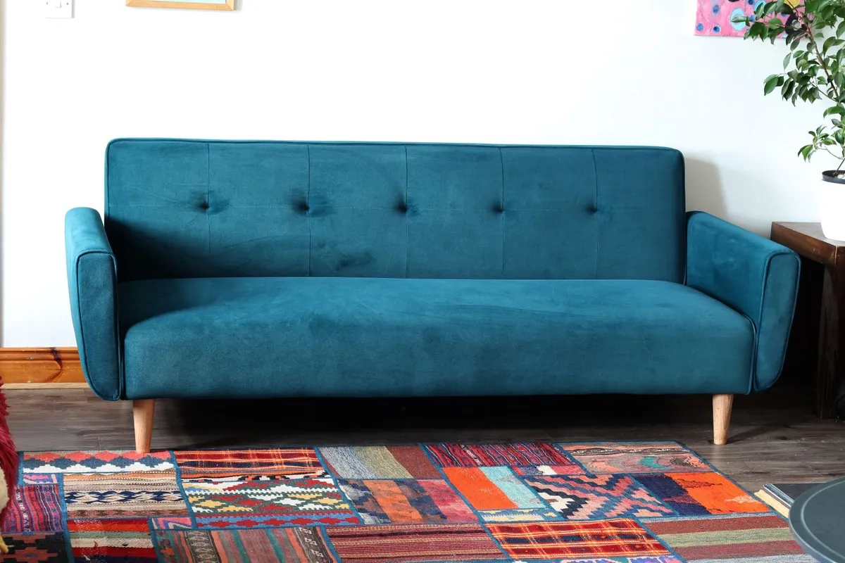 Teal velvet 3 seater sofa/bed - Image 3
