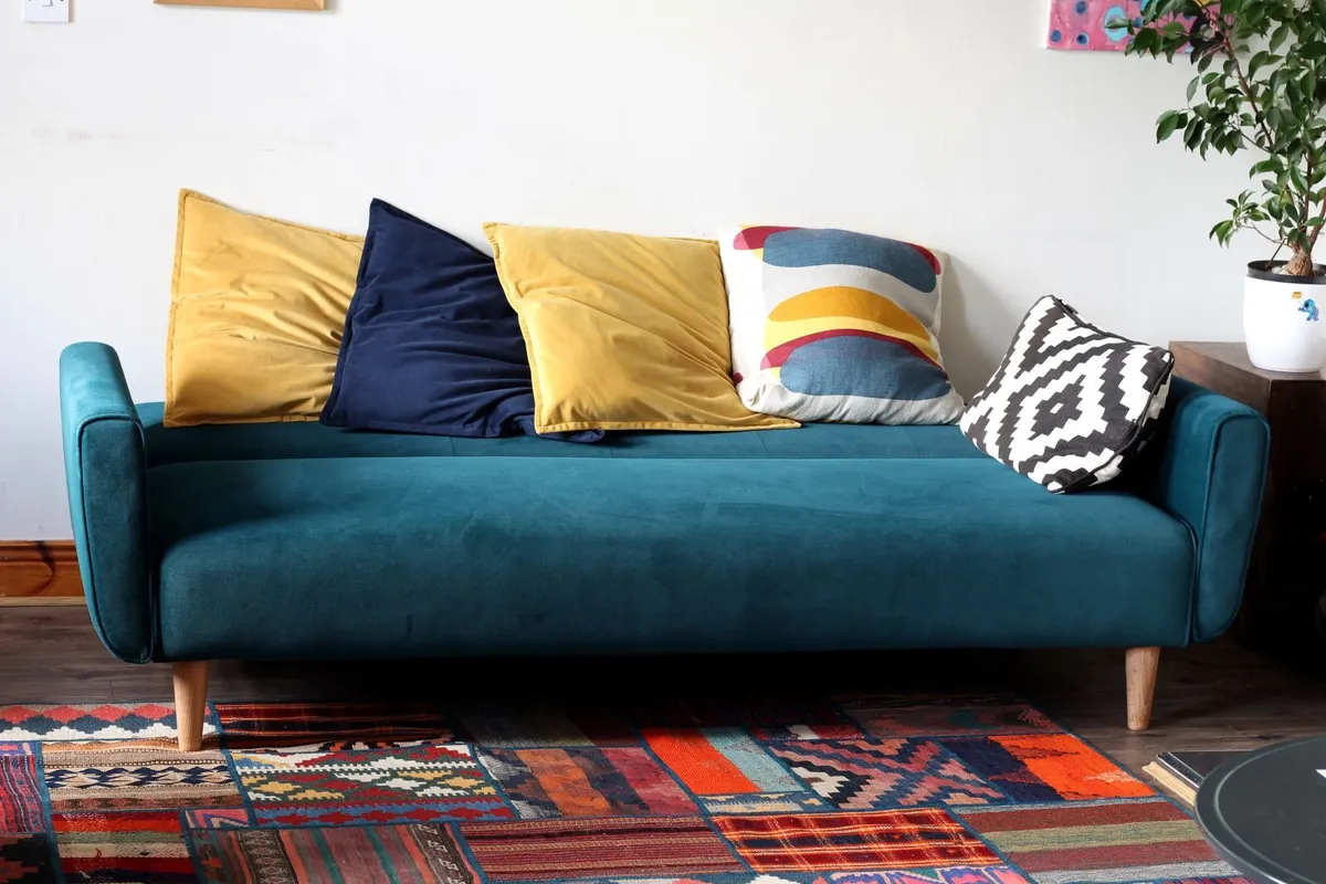 Teal velvet 3 seater sofa/bed - Image 1