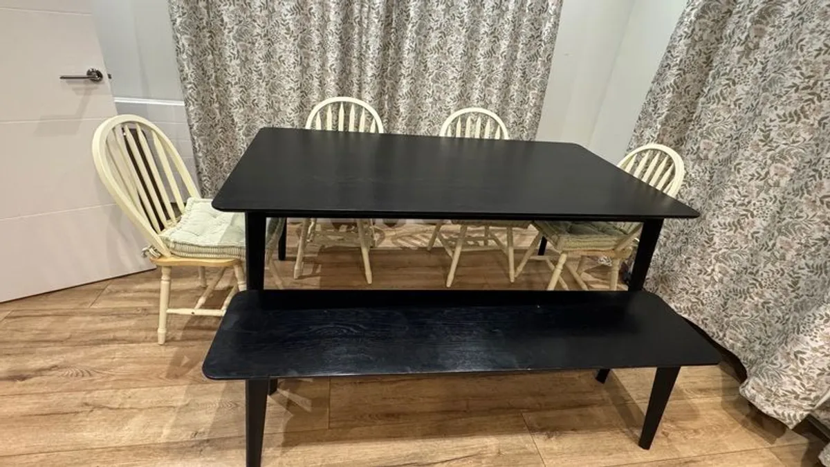 Oak wood black dinning table with a bench and 4 chairs - Image 1