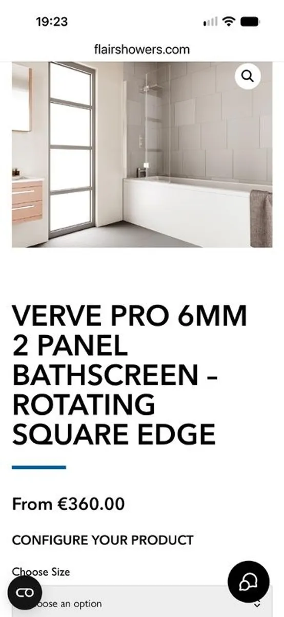 New unused Verve 6mm 2 panel rotating square edge Bathscreen