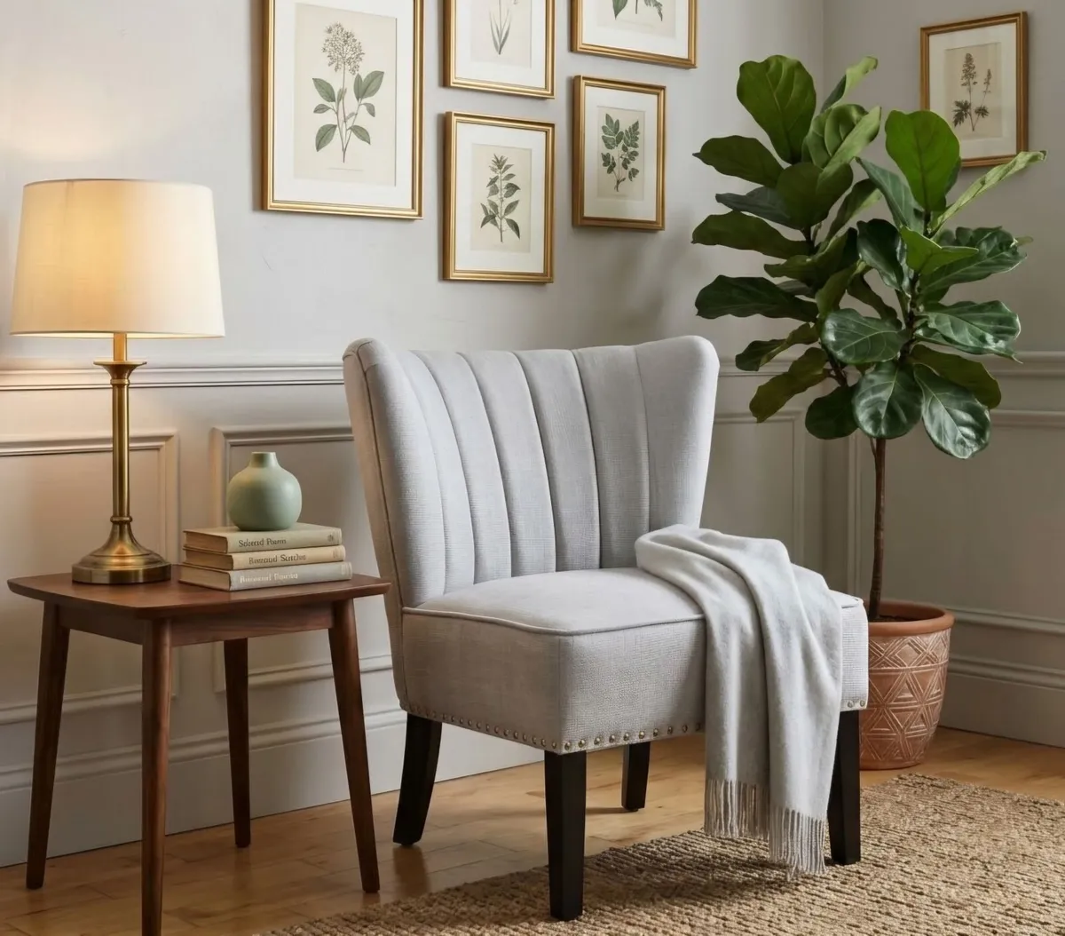 Light Grey Fabric Accent Chair with Studded Detail - Image 1
