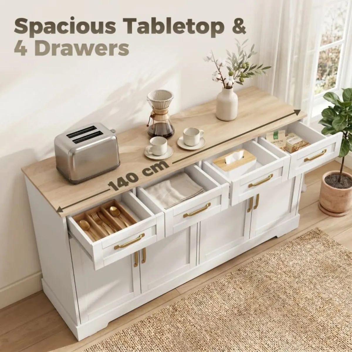 Sideboard Buffet Cabinet, 140 cm Kitchen Storage C - Image 3